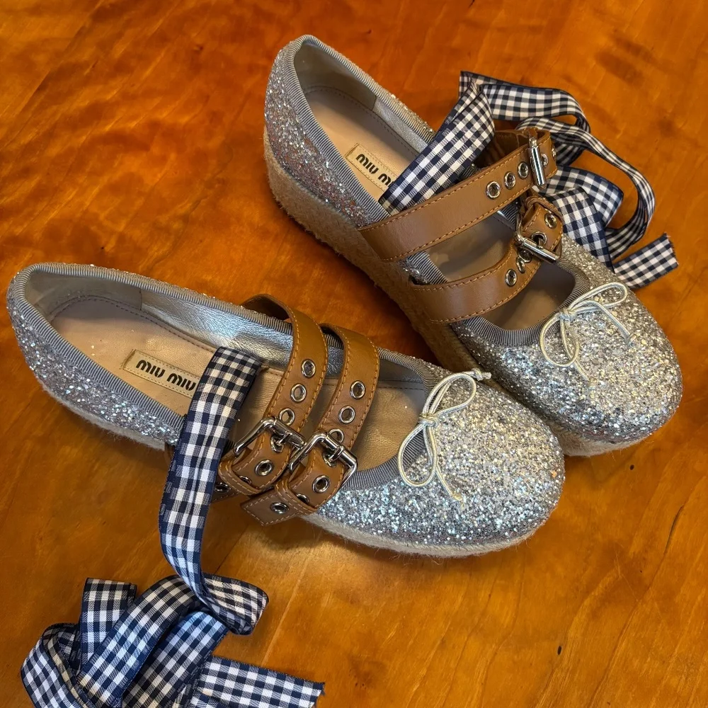 Retail $650! Miu Miu Glitter Silver Platform Espadrilles Removables Ties 40 9.5